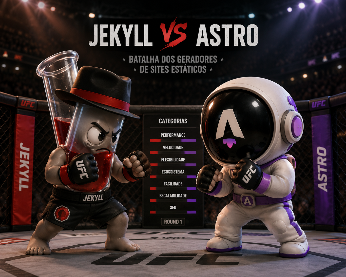 Ilustração de uma batalha entre Jekyll e Astro em uma arena, comparando geradores de sites estáticos.
